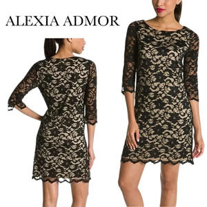 NWT, Alexia Admor, Lace Overlay Long‎ Sleeve Sheath Dress, Black, Nude